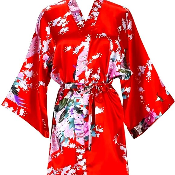 Callie Lives Red Kimono Robe 3/4 Length Intimates Loungewear Fashion Robe - Picture 3 of 7